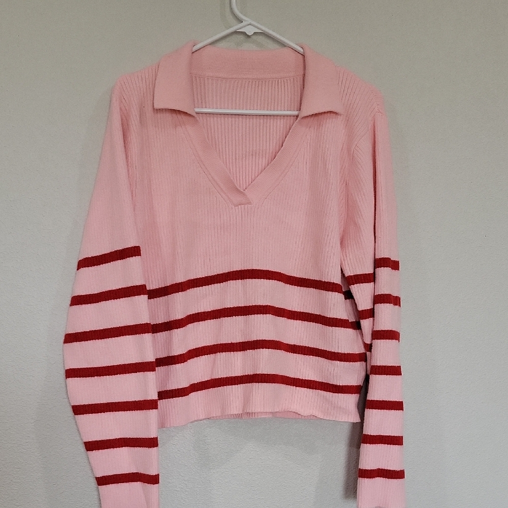 Elegant Pink and Red Striped V-Neck Sweater